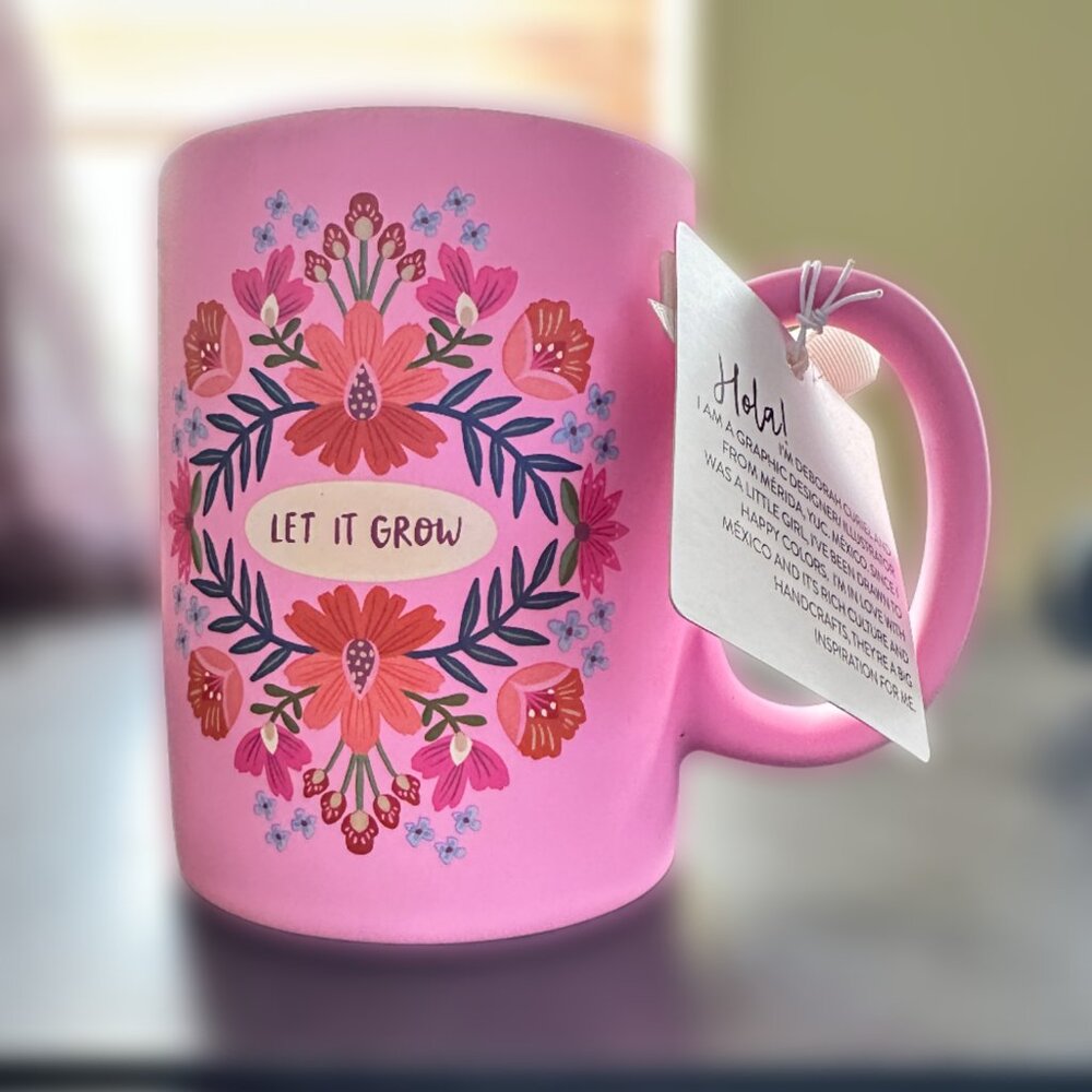 NWT Deborah Curie "Let It Grow" Pink Floral Folk Art Coffee Mug